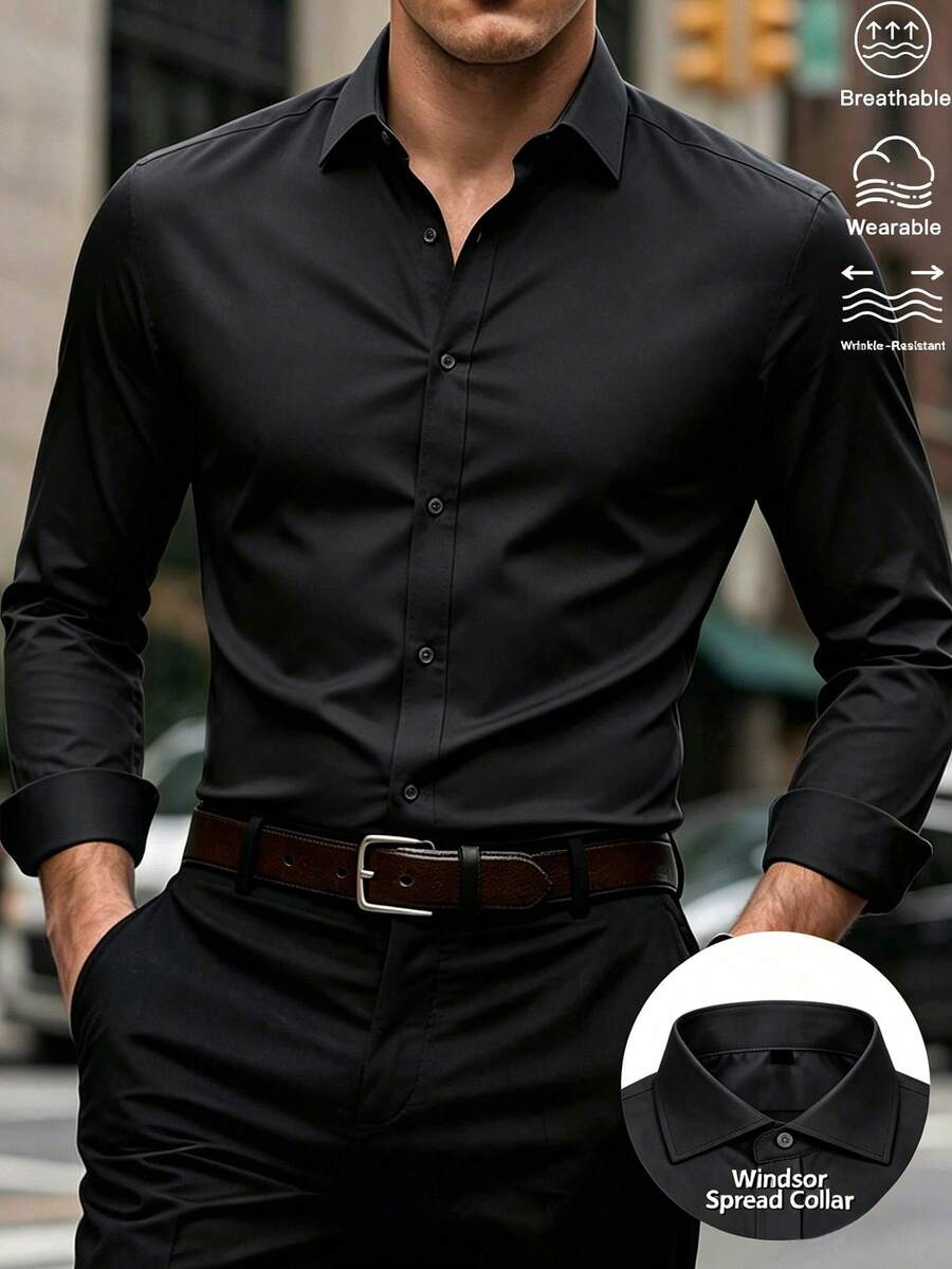 Manfinity Mode Men's Light Blue Business Casual Long Sleeve Versatile Shirt - Black - View 1