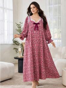 Lacomfia Women's Square Neck Long Sleeve Lace Bow Elegant Plus Size Dress - Multicolor - View 3