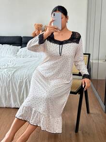 Napfluff CURVE Napfluff CURVE Women's Apricot Square Neck Hollow Lace Trim Bow Tie Ruffle Skin-Friendly Soft Polka Dot Print Milk Silk Spring Autumn Winter Cute Sweet Home & Outdoor Wear Nightgown - Apricot - View 6
