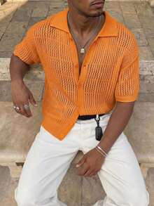 RivetRise Men's Solid Color Short Sleeve Hollow Knit Top - Coral Orange - View 1