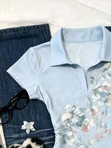 IslaSuriya 女款 POLO 領修身 T 恤，休閒極簡優雅風，適合日常休閒穿著，短袖上衣，夏季新款時尚上衣，花卉圖案 T 恤上衣 - 彩色 - 查看 4