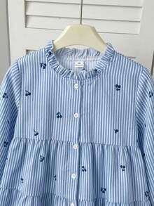 SHEIN Tween女孩休閒日常舒適寬鬆荷葉領襯衫童裝 - 藍色 - 查看 7