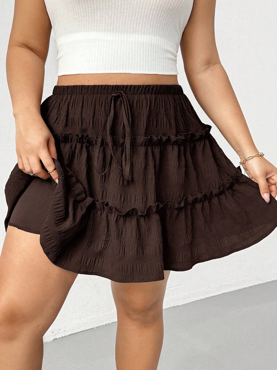 Shapeblank Falda de mujer talla grande unicolor con lazo en la cintura y bajo con volantes - Café integral - Ver 1