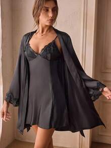 Charlaine Conjunto de pijama de unicolor para mujer con parches de encaje, ropa de otoño e invierno - Negro - Ver 5