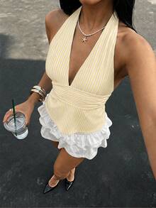 SHEIN ICON Halter Neck Deep V-Neck Cinched Waist A-Line Backless Old Money Style Tank Top - Multicolor - View 6