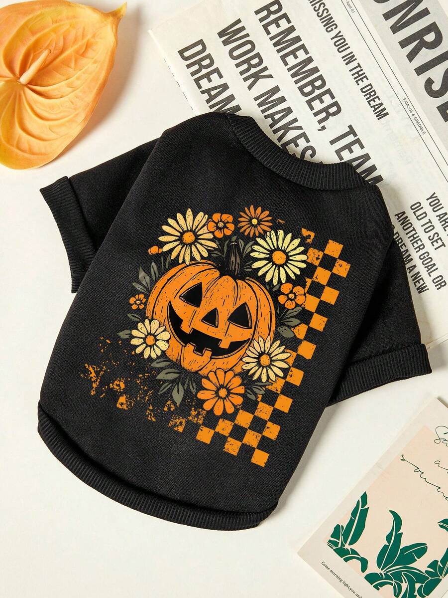 PETSIN 1pc Checkered Pumpkin Flower Printed Pet Black Thick, Warm, Soft And Comfortable Pet Clothing - Black - View 1