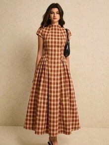 Poéselle 女款紅色格紋百褶休閒派對長洋裝，格紋洋裝，休閒洋裝，優雅洋裝，復古，聖誕節，新年洋裝，秋冬 - 紅木色 - 查看 8