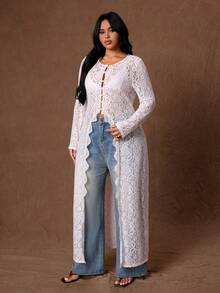Rustia Plus Size Women's Long Sleeve Long Split Hem Slim Fit Lace Top For Early Autumn - White - View 4