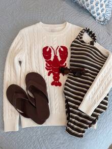 Elamini Women's Autumn/Winter Casual Elegant Coastal Chic Versatile Lobster Embroidered Pattern Rope Knit Sweater Vacation Beach White Red - Beige - View 2