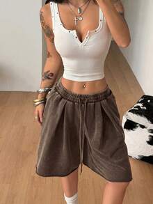 Coolane Women's Summer Streetwear Casual Sportswear Gym Drawstring Waist Athleisure Versatile Daily Wear Acid Washed Cotton Brown Shorts - Brown - View 5