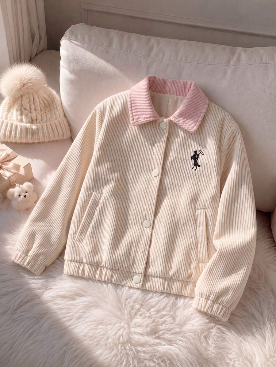 Young Girls Gentle Style Contrast Collar Casual Top, Loose Fit Cuffed Sleeve Embroidered Pony Button-Up Jacket - Apricot - View 1