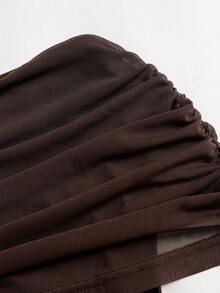 Sweetra Women's Elegant High-End Fashion Brown Mesh & Comfortable Milk Silk Long Asymmetrical Shoulder Dress - Coffee Brown - View 5