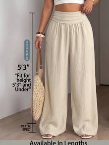 SHEIN PETITE CURVE Pantalones de pierna ancha con cintura fruncida de unicolor para mujer talla grande otoño - Albaricoque - Ver 6