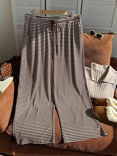Comfortcana Autumn/Winter Black & White Striped Casual Versatile Drawstring Plus Size Pants