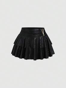 Sweetra Women's Black Sweet & Spicy Ruched Waist Slim Fit Double Layer Ruffle Hem Mini Skirt - Black - View 1