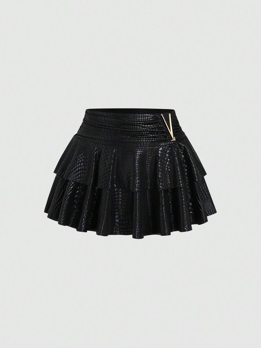 Sweetra Women's Black Sweet & Spicy Ruched Waist Slim Fit Double Layer Ruffle Hem Mini Skirt - Black - View 1
