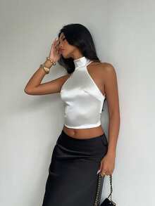 Glamine Charm White Satin High Neck Halter Tank Top,With Eyelash Lace Spliced Open Back For Birthday Party - White - View 6