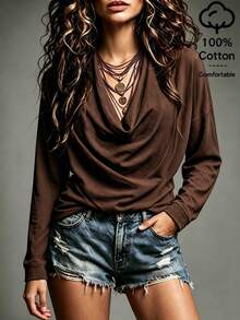 SHEIN Vintage Coffee Brown Micro-Crinkled Texture Fabric Deep Draped Neck Multi-Layer Draped Ruffle Loose Straight Fit 3/4 Sleeve Side-Gathered Solid Color Top - Coffee Brown - View 4