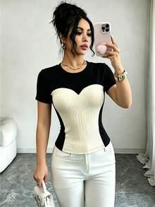 SHEIN Women's Elegant Commute Colorblock Patchwork Round Neck Simple Daily Versatile Date College Party T-Shirt - Black - View 5