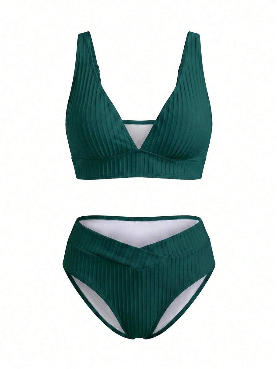 Voyashape Women V-Neck Textured Striped Tankini Swimwear Set For Summer Beach Vacation - Teal Blue - View 1
