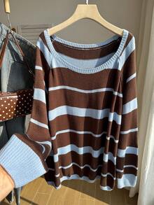 Comfortcana Suéter de punto de talla grande con bloques de color, rayas retro y hombro asimétrico para otoño/invierno - Multicolor - Ver 13