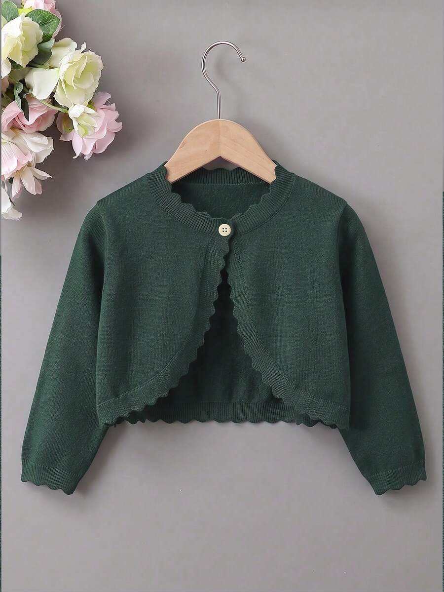 SHEIN Elladie kids Young Girl Solid Color Casual Versatile Daily Cardigan - Dark Green - View 1