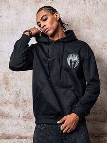 Skyrend Men Dark Gothic Cross Wing Print Thermal Fleece Oversized Hoodie Street Style Warm Hooded Sweatshirt Fall/Autumn/Winter Grunge - Black - View 6