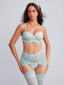 Elorette 女款蕾絲細肩帶內衣與三角內褲性感內衣套裝 - 淺藍色 - 查看 5