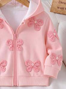女嬰甜美可愛蝴蝶結 3D 刺繡效果印花連帽拉鍊長袖保暖內裡運動外套 柔軟面料 秋冬 粉色舒適 - 彩色 - 查看 3