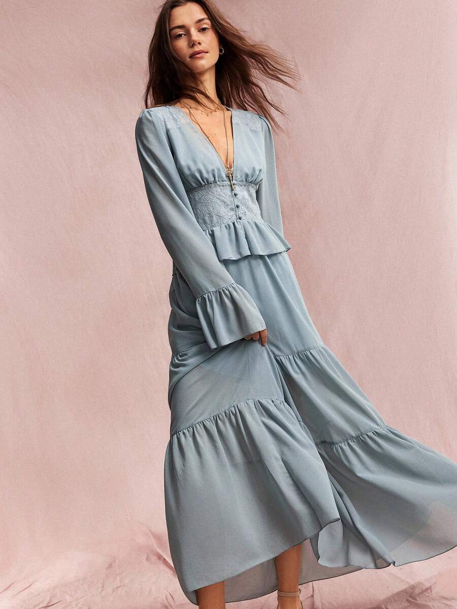 Willow Rêve Women's Dusty Blue V Neck Long Sleeve Maxi Dress Lace Patchwork Ruffle Peplum Tiered Hem Romantic Elegant Autumn Wedding Brunch Tea Party Gown - Green - View 1