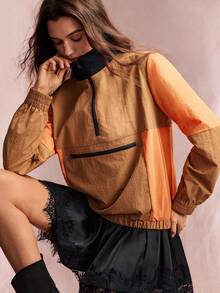Willow Rêve Jaket Windbreaker Longgar Wanita Motif Garis-Garis Cokelat Oranye, Kerah Tegak Setengah Resleting, Saku Resleting, Manset Elastis, Gaya Kasual Musim Gugur, Jaket Elegan Wanita - Khaki - View 6