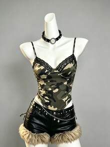 INAWLY Summer Fashion Camouflage Lace Patchwork Spaghetti Strap Camisole - Multicolor - View 1