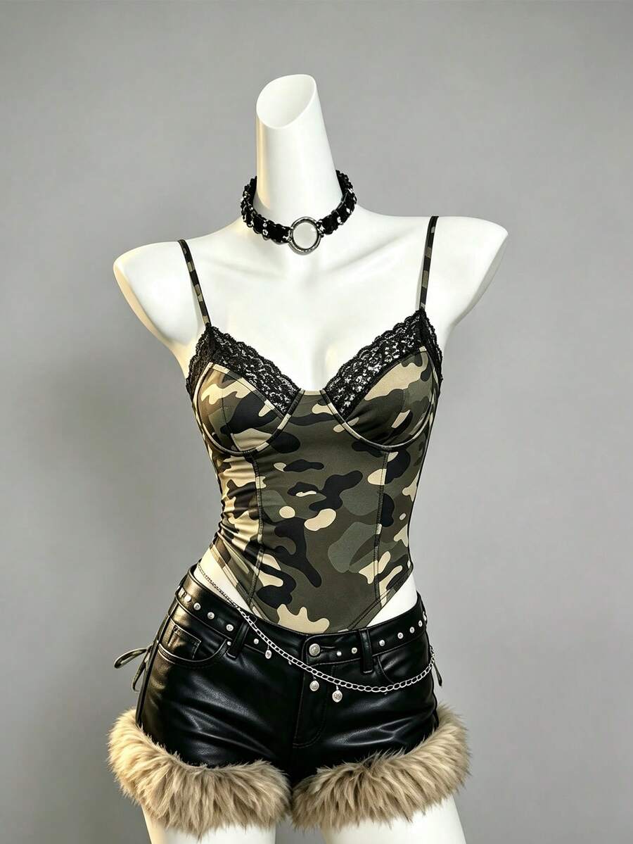 INAWLY Summer Fashion Camouflage Lace Patchwork Spaghetti Strap Camisole - Multicolor - View 1