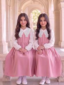 Girls' Spring/Autumn Back To School, Fall Dresses, Design Contrast Color Patchwork Ruffle Hem, Rose Red 3D Bow, Fall Clothes School Clothes - Multicolor - View 5
