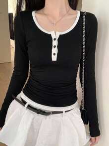 DAZY 女款夏季拼色拼接性感休閒T恤 - 黑與白 - 查看 7