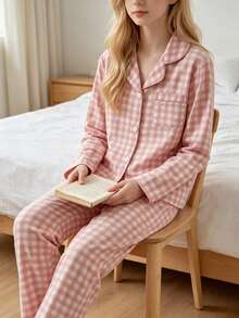 School Girl Pajamas, Pink Classic Plaid Print Long Pants And Long Sleeve Button-Up Top, Casual 2 Pieces Loungewear Set For Tween Girls - Pink - View 5