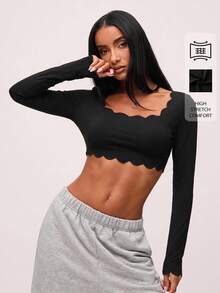 SHEIN BASICS 女款純色修身百搭日常長袖T恤 健身運動 假日穿搭 黑色 秋冬休閒 性感運動風 夜店約會穿搭 - 黑色 - 查看 3