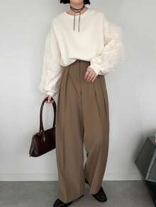 FRIFUL Women's Early Autumn New Korean Style Patchwork Sheer Mesh Ruffle Pleated Sweatshirt - Beige - View 6