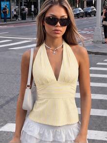 SHEIN ICON Halter Neck Deep V-Neck Cinched Waist A-Line Backless Old Money Style Tank Top - Multicolor - View 5