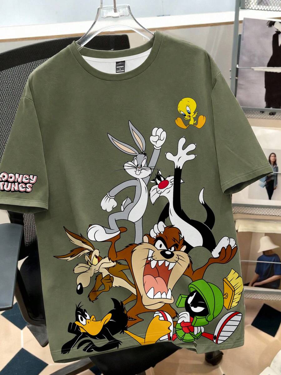 LOONEY TUNES X SHEIN Daypath Men's Summer Casual Cartoon Print T-Shirt - Olive Green - View 1