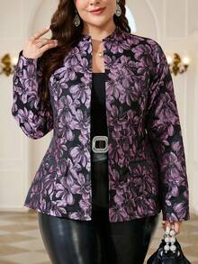 Reflora Plus Size Women Elegant Vintage Jacquard Long Sleeve Blazer Jacket Evening Office Wedding Guest Black Summer Fall - Purple - View 7