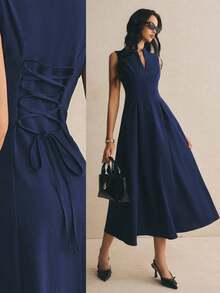 Poéselle Women's Solid Color Zipper Design Sleeveless Elegant Long Dress Office Tea Party Dinner Date Navy Blue Summer Teachers' Day - Navy Blue - View 9