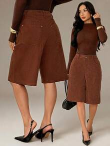 SHEIN PETITE Women's Solid Color Pocket Casual Versatile Knee Length Shorts Bar Daily Work Shades Of Brown Autumn,Shorts For Women,Petite,Office Casual,Vacation - Brown - View 13