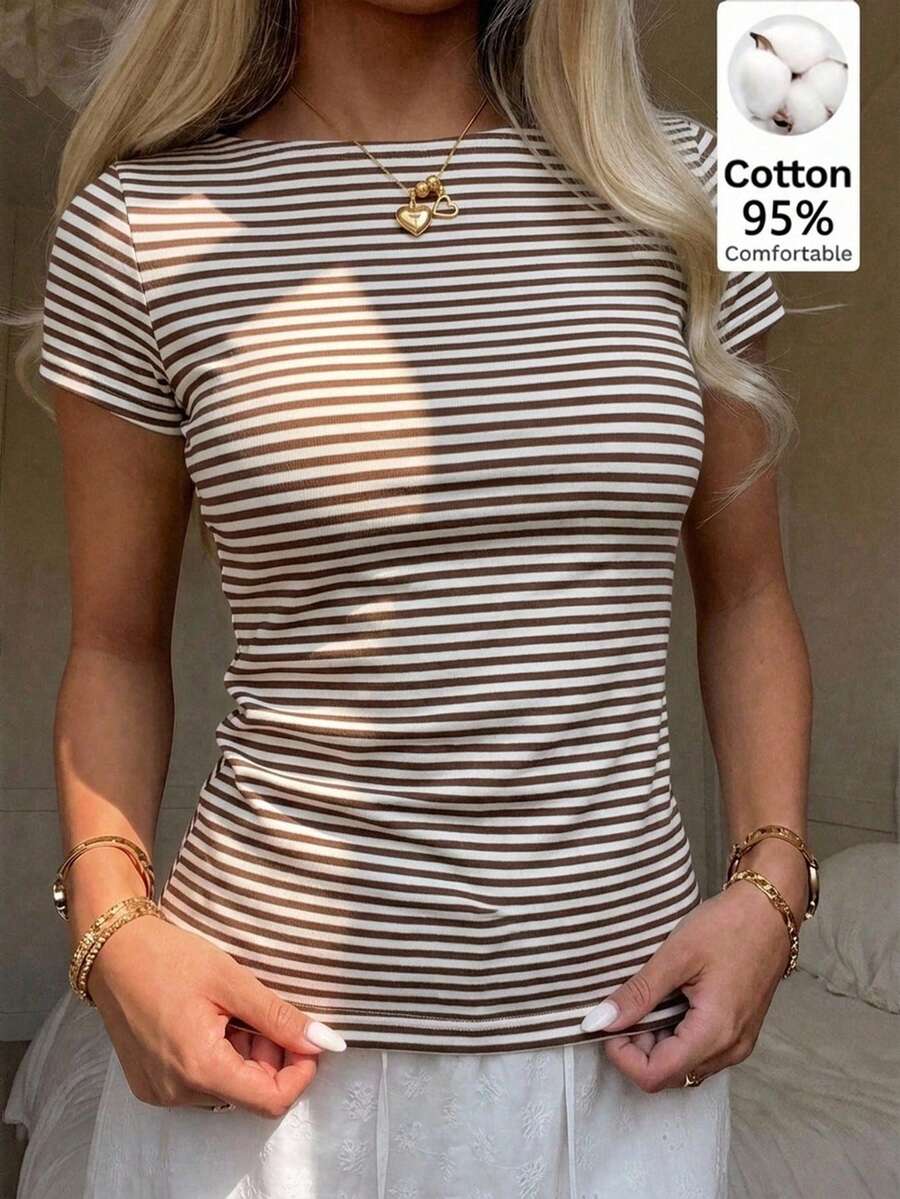 CovetEZ Casual Minimalist Sexy Open Shoulder Brown Striped Short Sleeve T-Shirt, Suitable For Spring And Summer, Spring And Summer Outfit Matching, Brown Stripes Make You Look Fairer - Multicolor - View 1