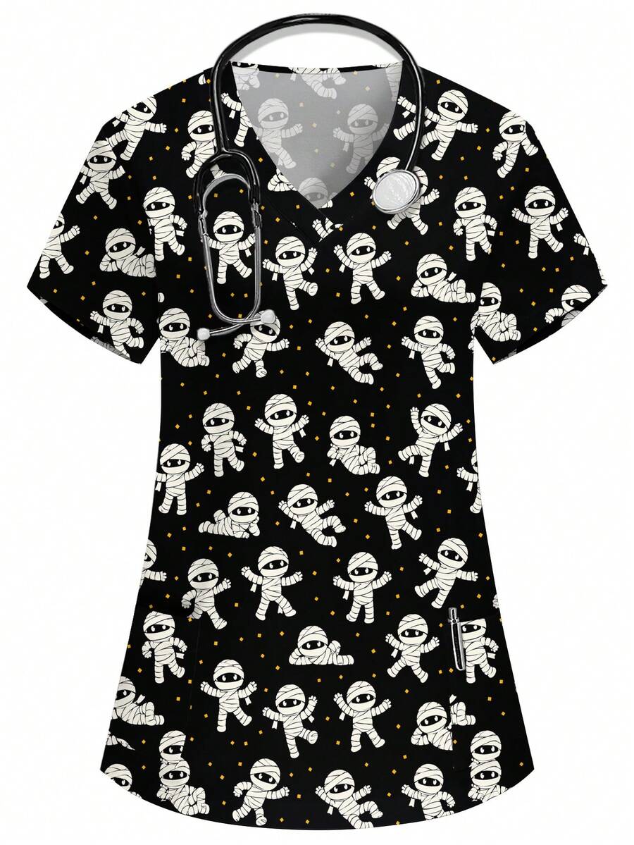 PopScrub Top d'été pour femme Halloween noir à col V, manches courtes, double poche, imprimé mignon de personnage de dessin animé, uniforme de travail infirmière/médecin, uniforme d'examen et de chirurgie, uniforme de travail de toilettage pour animaux, uniforme de travail de nutritionniste, uniforme de travail de laboratoire, vêtement de fête fonctionnel multi-poches pour femme, Jour des Morts, fête d'Halloween, horreur mignonne - Noir - Voir 1