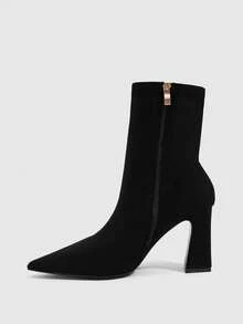CUCCOO SZL Women's Black Faux Suede Pointed Toe Block Heel Ankle Boots With Zipper Fall Boots - Black - View 4