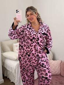 Slumberry CURVE Sweet Comfortable Romantic Bow Leopard Print Jacquard Velvet Plus Size Pajama Set - Pink - View 5