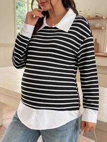SHEIN Maternity Collared White Pattern Casual Soft Form 1960s Normal Loose Sweatshirt Autumn Outfit For Women Winter Gender Reveal Formal Homewear Office - Black - View 1