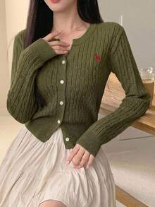 DAZY 女款刺繡時尚單排扣長袖麻花針織毛衣 秋季 - 綠色 - 查看 4