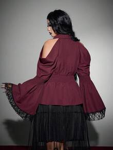 Whyspr Gothic Style Halloween Fashion Flared Sleeve Dark Red Color Block Sexy Fitted Plus Size Women's Blouse - Red Violet - View 6